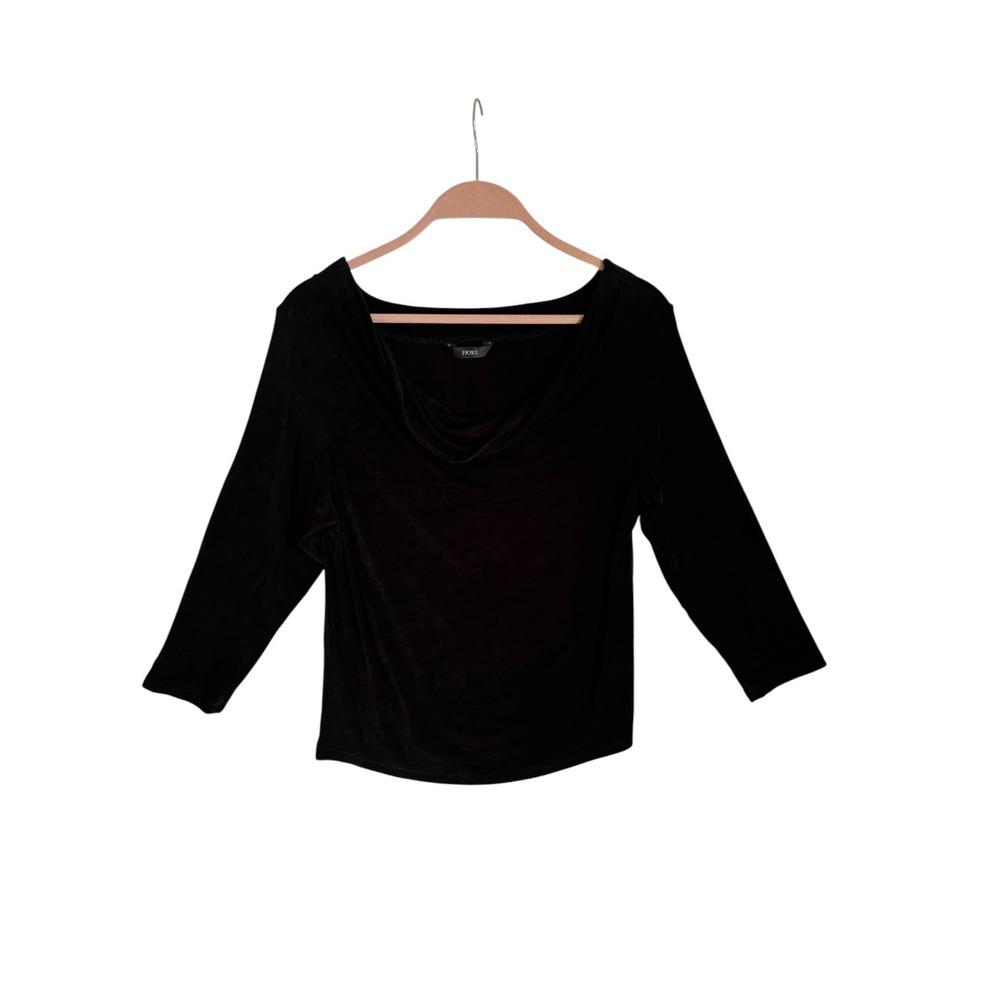 Vtg Fiore Womens Black Cowl Neck 3/4 Sleeve Blouse Slinky Sz M Minimalist USA
